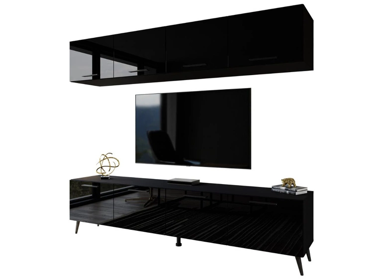 Wohnwand für das Wohnzimmer und LED-Beleuchtung auf Schwarzen Metallbeinen Noaé Schwarz Hochglanz