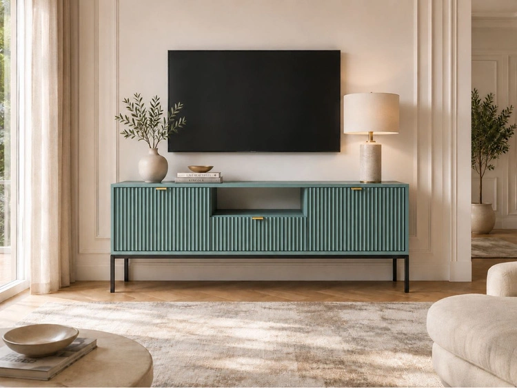 TV-Lowboard mit Schublade und Türen Amber Grün, Schwarz Frame