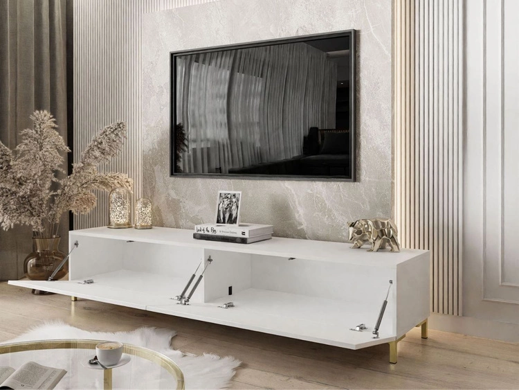 TV-Lowboard mit zwei Türen auf goldenen Beinen 175 cm Sorelle Weiß Hochglanz