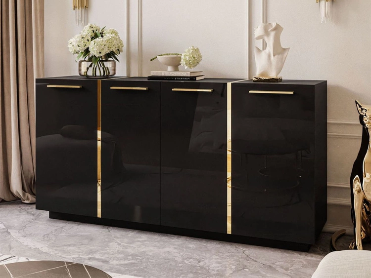 Viertürige Kommode 158 cm Glamour-Stil mit goldenen Griffen Lunelie Schwarzglanz