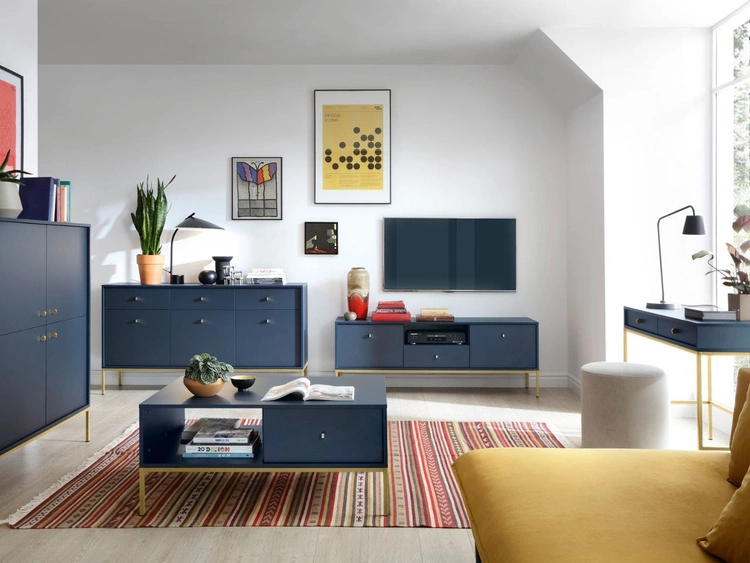 TV-Lowboard mit Schubladen und Türen mit Golden Metallbeinen Amor Marineblau