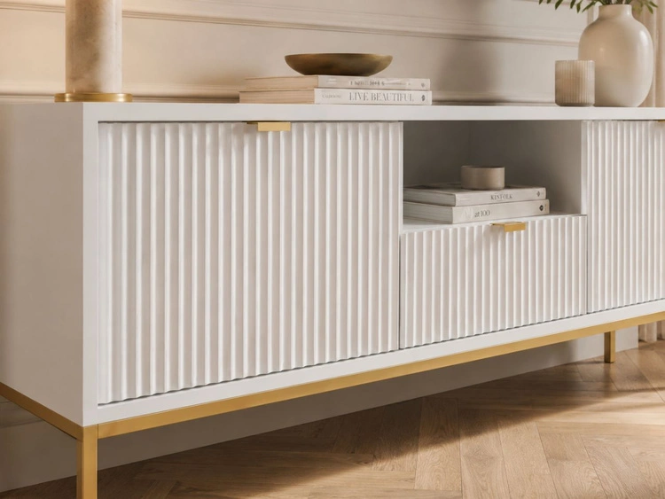 TV-Lowboard mit Schublade und Türen Amber Weiß, Gold Frame