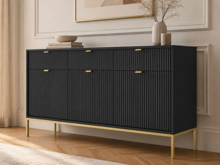 Kommode mit Türen und Schubladen Amber Schwarz, Gold Frame