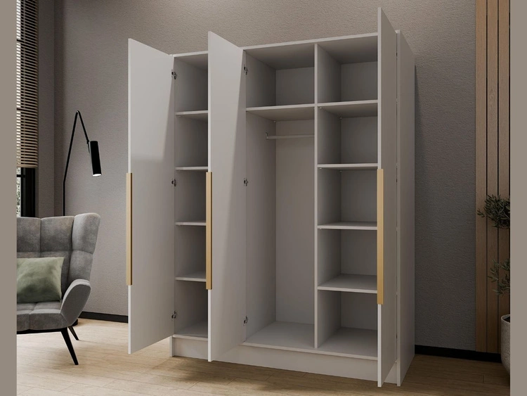 Kleiderschrank mit Spiegel 150 cm Lucca Weiß mit goldenen Griffen