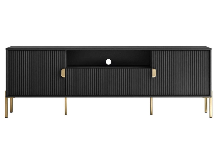 TV-Lowboard breit zweitürig mit Schublade und goldenen Metallfüßen Orlean Schwarz Matt