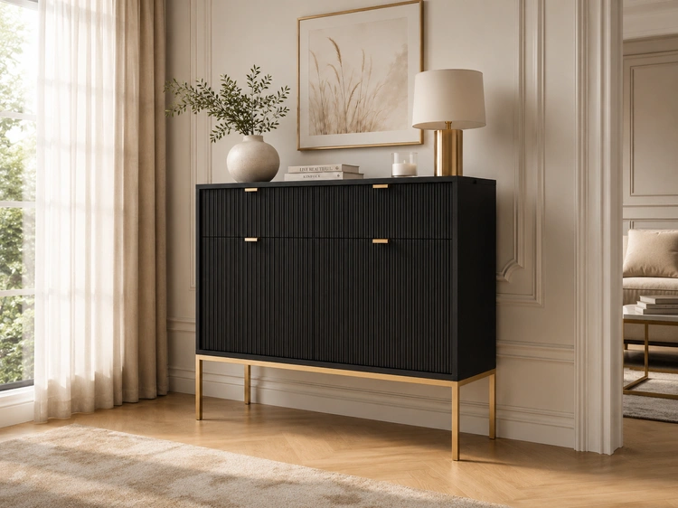 Kommode mit Türen und Schubladen Amber Schwarz, Gold Frame