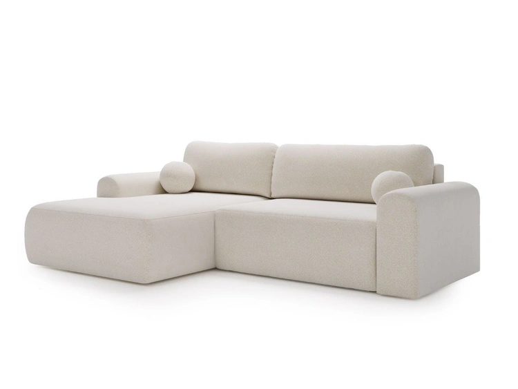 Ecksofa L-Form mit Schlaffunktion und Bettkasten Savana Links Bouclé-Stoff Weiß