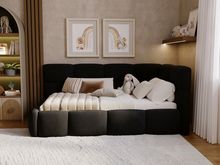 Gepolstertes Jugend-Einzelbett mit Bettkasten und Holzrost 90x200 Modo One Links Schwarz