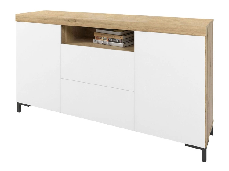 Zweittürige Kommode 164 cm im Loft-Stil Asumi Weiß matt und Eiche Wotan