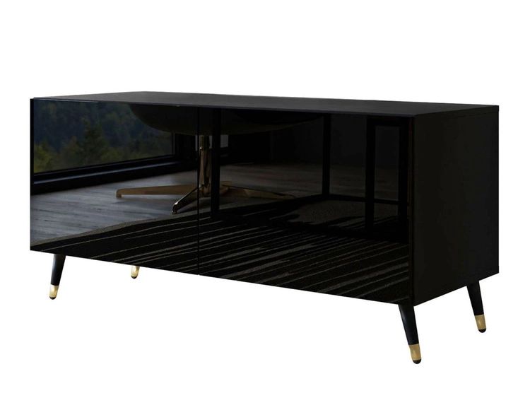 TV-Lowboard mit Türen auf Schwarz-Goldenen Metallbeinen 100 cm Noaé Schwarz Hochglanz
