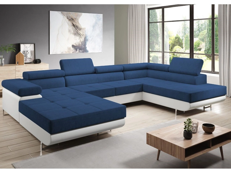 Wohnlandschaft Rechts mit Schlaffunktion und Bettkasten Solam U Marineblau, Weiß