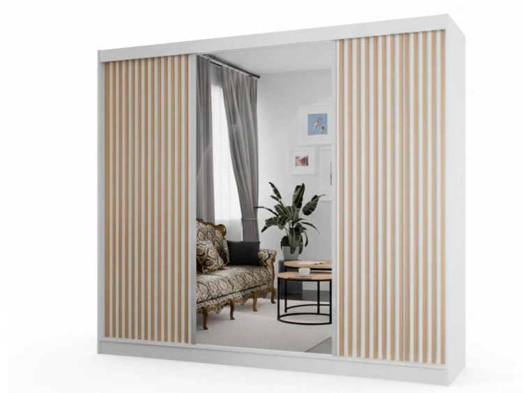 Schiebetürenschrank mit Spiegel und Lamellen 250 cm Loreto Weiß