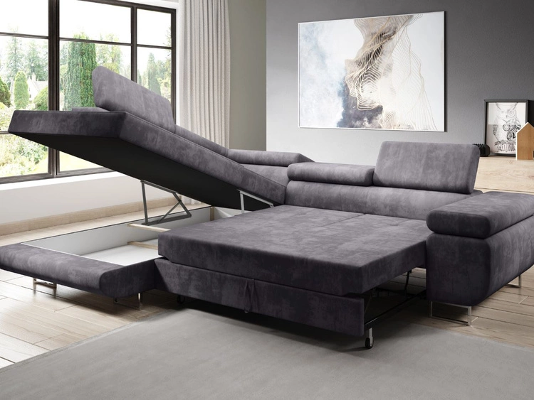 Ecksofa L-Form Links mit Schlaffunktion und Bettkasten Solam L Dunkelblau
