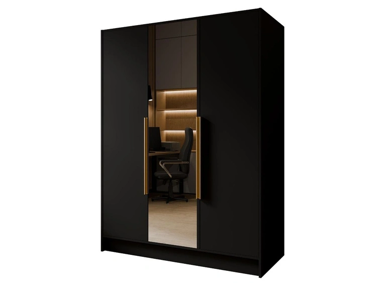 Kleiderschrank mit Spiegel 150 cm Lucca Schwarz mit goldenen Griffen