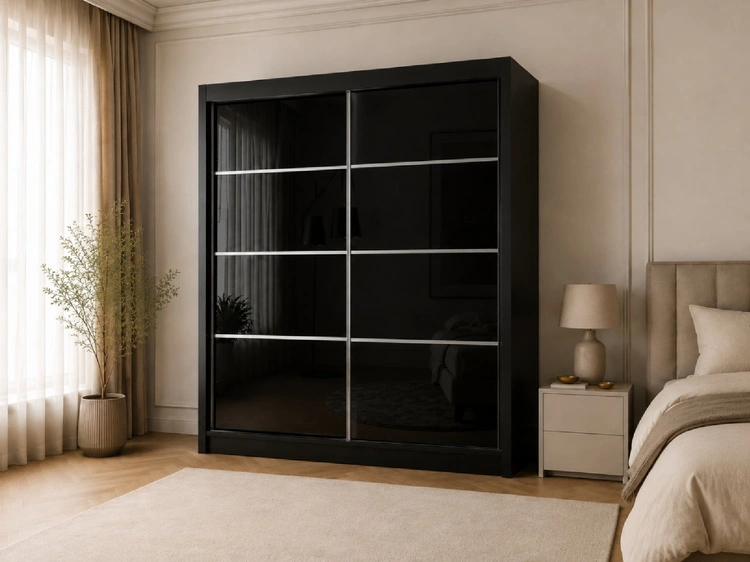 Schiebetürenschrank mit Sprossen 200 cm mit LED-Beleuchtung Ponti Schwarz
