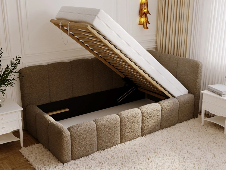 Jugendbett Einzelbett mit Bettkasten und Lattenrost 90x200 Cloud One Braun Bouclé-Stoff