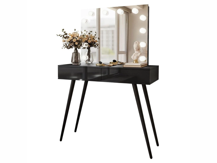 Schminktisch im Glamour-Stil mit Schubladen, Schwarzen Beinen und LED-Beleuchtung Olivine Elite Schwarz Hochglanz