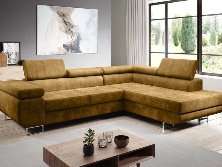 Ecksofa L-Form Rechts mit Schlaffunktion und Bettkasten Solam L Gelb