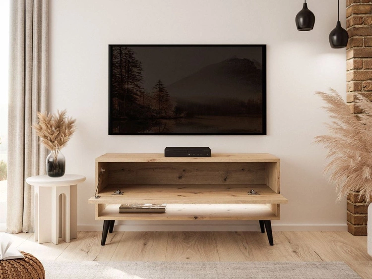 TV-Schrank 90 cm mit LED-Beleuchtung und schwarzen Beinen Aurelie Artisan Eiche