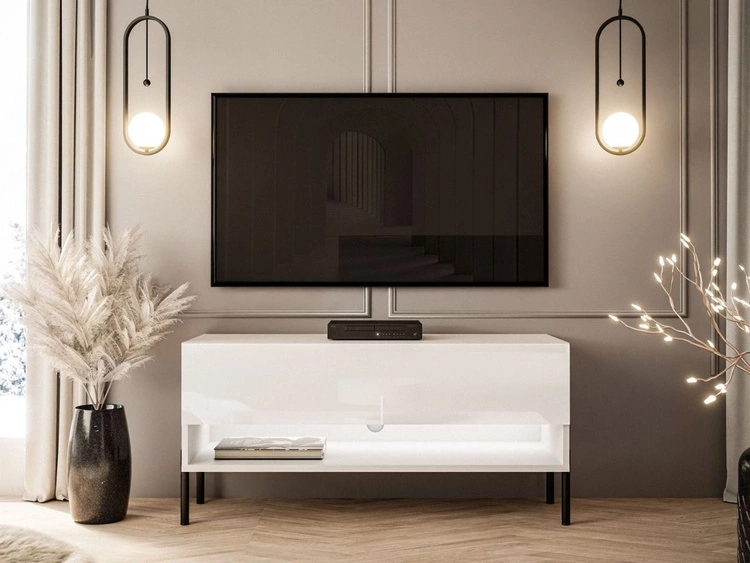 TV-Schrank 90 cm mit LED-Beleuchtung und schwarzen Metallbeinen Aurelie Weiß Hochglanz