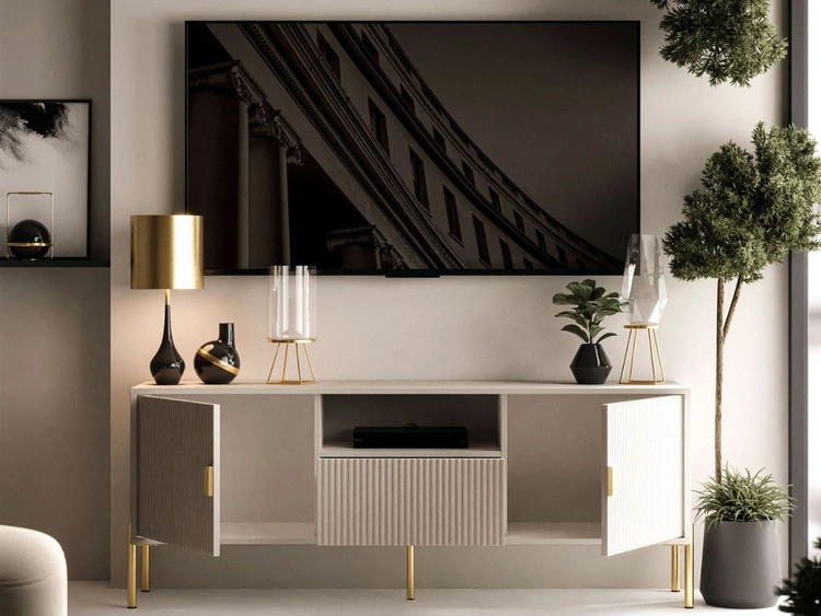 TV-Lowboard zweitürig mit Schublade und goldenen Metallfüßen Orlean Kaschmir Matt
