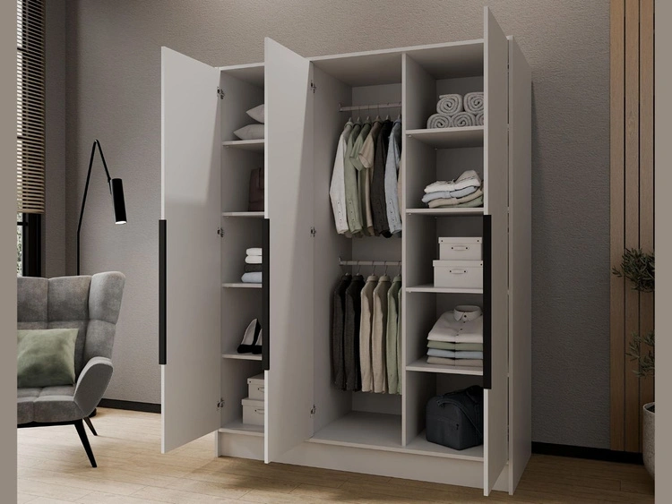 Kleiderschrank 150 cm Perugia Weiß mit schwarzen Griffen