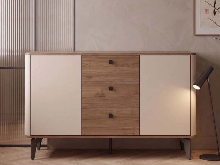 Möbelgarnitur mit LED-Beleuchtung für das Wohnzimmer Arelis Kaschmir, Royal Nussbaum