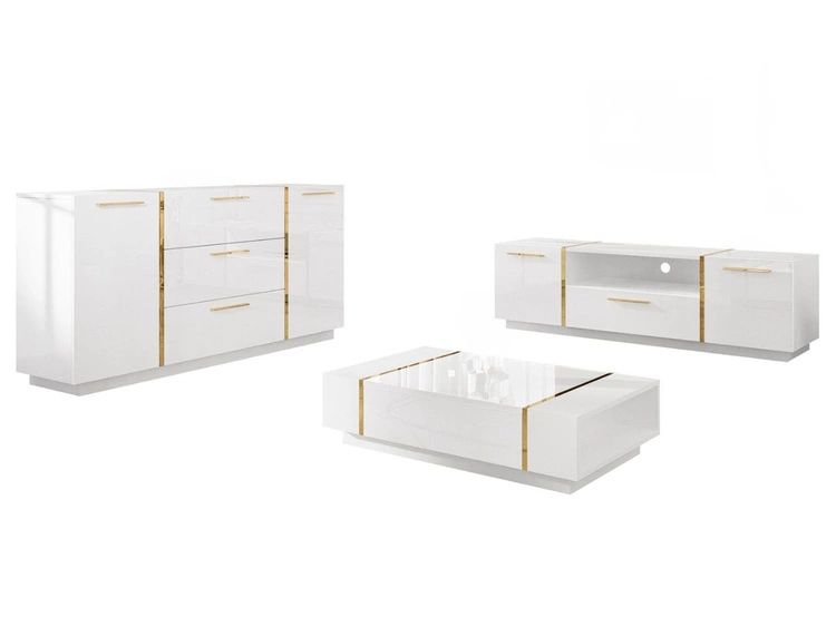 Wohnzimmer-Set mit goldenen Griffen im Glamour-Stil Lunelie Weiß Hochglanz