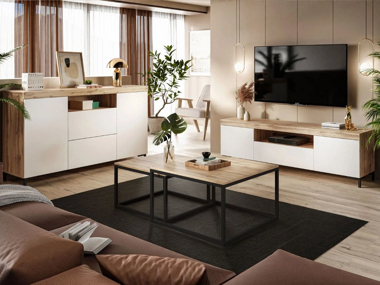Wohnzimmer-Set – TV-Schrank und Kommode auf schwarzen Füßen Asumi Weiß und Eiche Wotan