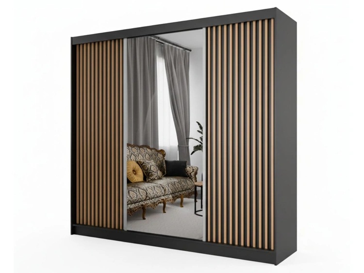 Schiebetürenschrank mit Spiegel und Lamellen 250 cm Loreto Schwarz