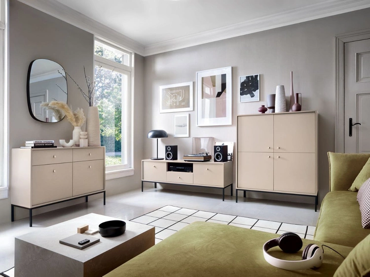 Kommode mit Türen sowie Schubladen mit Schwarz Metallbeinen 104 cm Amor Beige