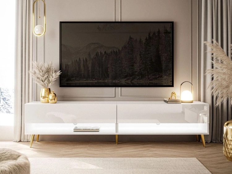 TV-Schrank für das Wohnzimmer 180 cm mit goldenen Beinen und LED-Beleuchtung Aurelie Weiß Hochglanz