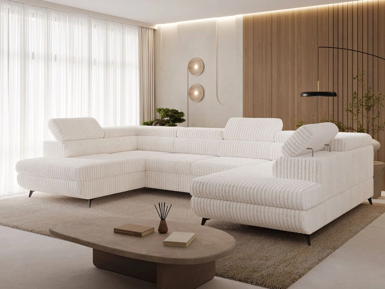 Wohnlandschaft mit Schlaffunktion und Bettkasten Argon Creme