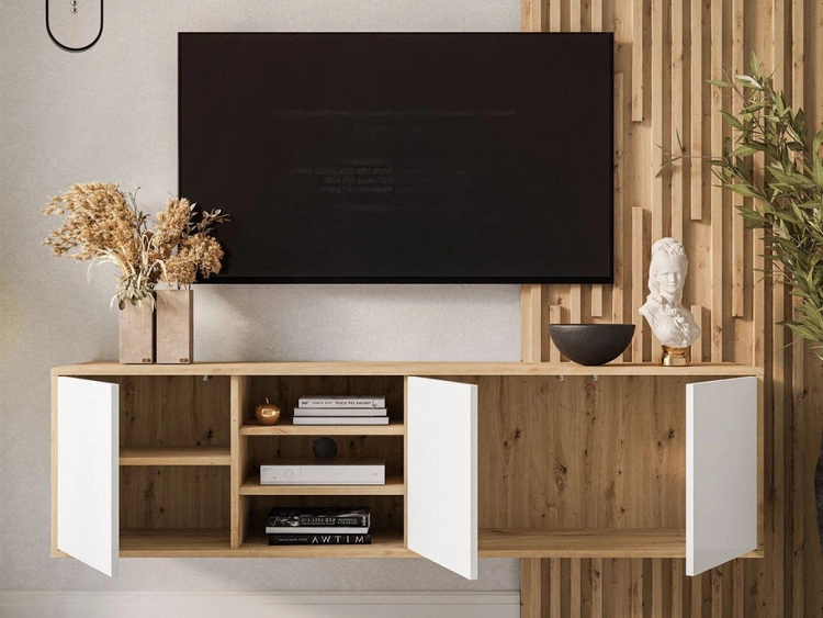 Hängendes TV-Lowboard mit Türen Vivance Weiß und Eiche Artisan