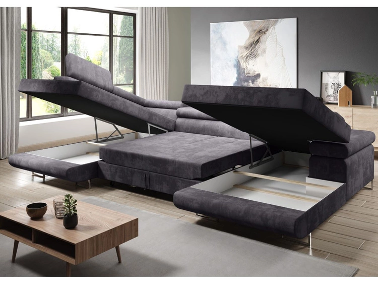 Wohnlandschaft Links mit Schlaffunktion und Bettkasten Solam U Schwarz, Weiß