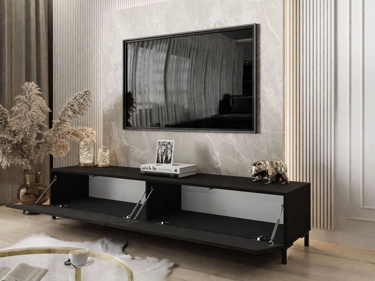 TV-Lowboard auf schwarzen Beinen 175 cm mit LED-Beleuchtung Sorelle Schwarz Matt