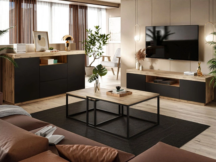 Zweittürige Kommode 164 cm im Loft-Stil Asumi Schwarz matt und Eiche Wotan