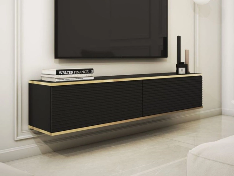TV-Lowboard Hänge mit Türen 135 cm Diolo Schwarz mit geriffelter Vorderseite