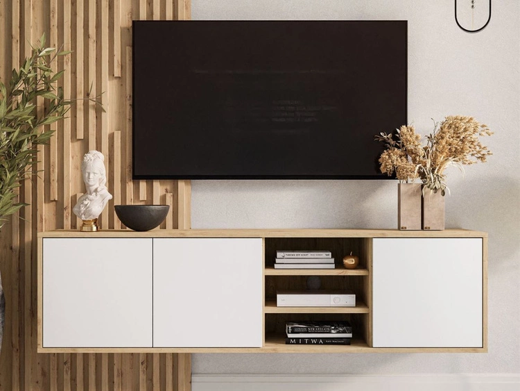 Hängendes TV-Lowboard mit Türen Vivance Weiß und Eiche Artisan