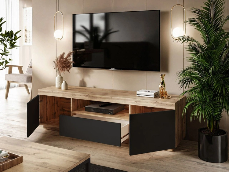 TV-Lowboard Asumi mit Türen und Schublade – Schwarz matt und Eiche Wotan