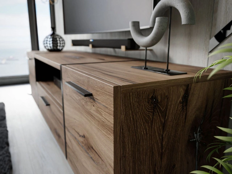TV-Schrank im Loft-Stil mit Schränken und Schublade Lunelie Flagstaff-Eiche