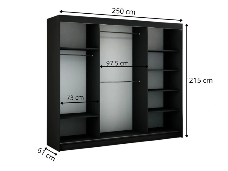 Schiebetürenschrank mit Sprossen 250 cm mit LED-Beleuchtung Ponti Schwarz, Weiß
