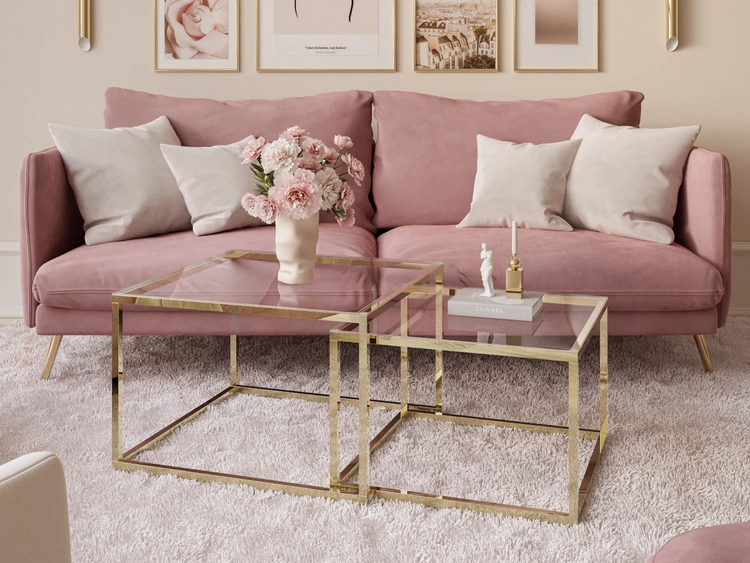 Couchtisch auf goldenem Gestell und transparenter Glasplatte Asumi 35x41