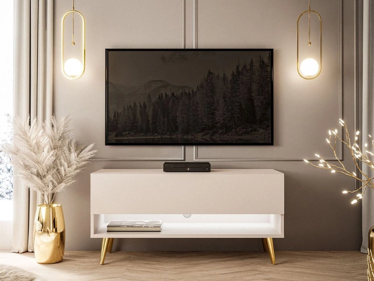TV-Schrank 90 cm mit LED-Beleuchtung und goldenen Beinen Aurelie Kaschmir matt