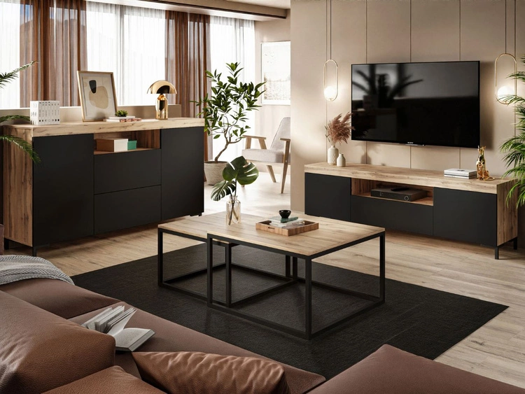 Wohnzimmer-Set – TV-Schrank und Kommode auf schwarzen Füßen Asumi Schwarz und Eiche Wotan