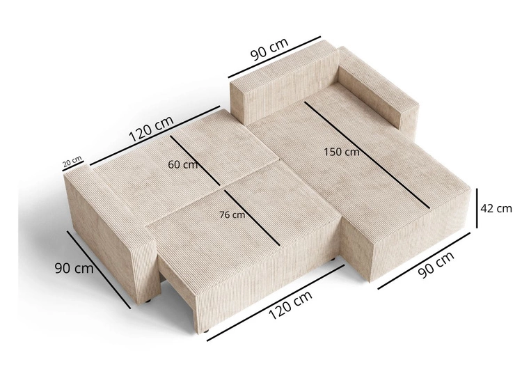 Ecksofa L-Form mit Schlaffunktion und Bettkasten Nivo Beige