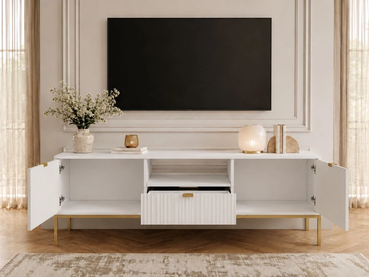 TV-Lowboard mit Schublade und Türen Amber Weiß, Gold Frame